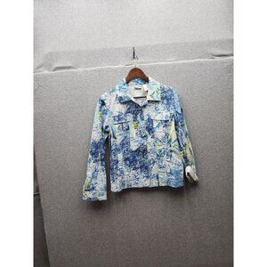 Chicos Womens Abstract Blue Button-Front Jacket 3/4 Sleeve Size 1 Cotton Blend